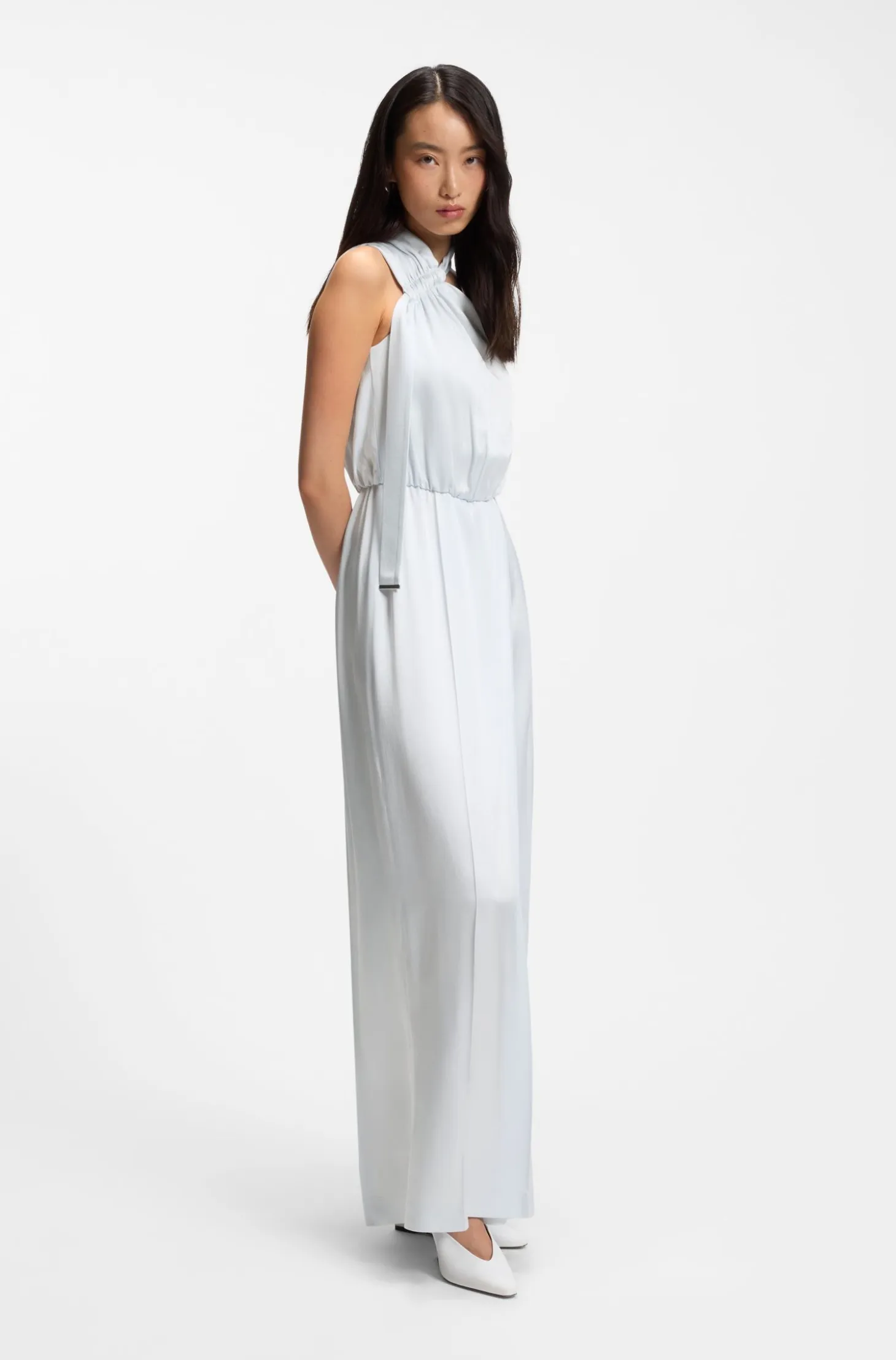 One-shoulder jumpsuit with wrap-effect front