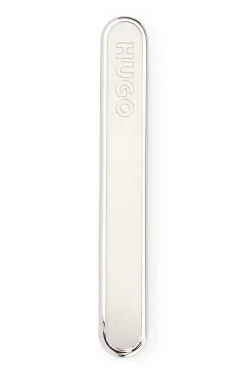 Oval-shaped tie clip with engraved logo