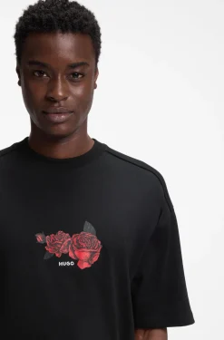 Oversized-fit cotton T-shirt with biker and roses graphic