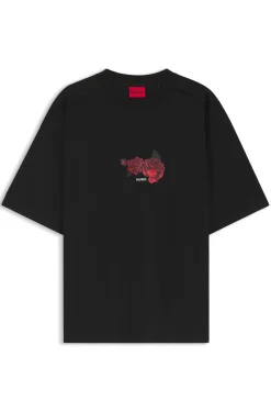 Oversized-fit cotton T-shirt with biker and roses graphic