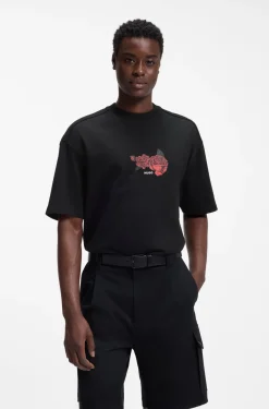 Oversized-fit cotton T-shirt with biker and roses graphic