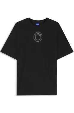 Oversized-fit cotton T-shirt with rhinestone Happy HUGO logo