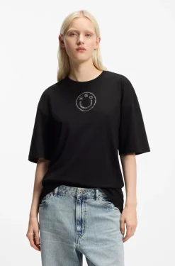 Oversized-fit cotton T-shirt with rhinestone Happy HUGO logo