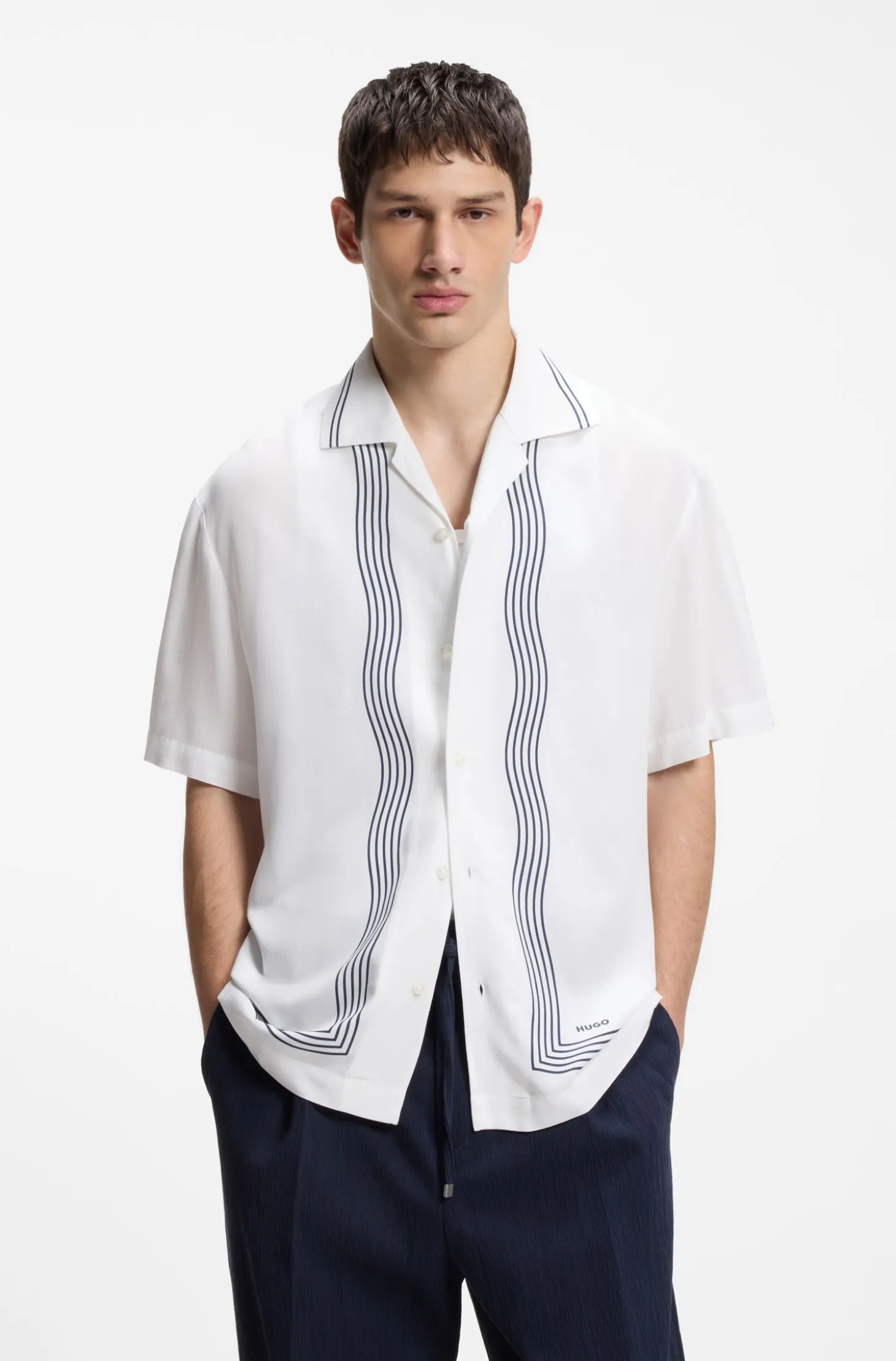 Oversized-fit printed shirt with camp collar