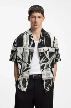 Oversized-fit printed shirt with camp collar