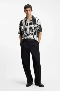 Oversized-fit printed shirt with camp collar