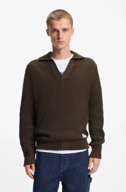 Oversized-fit waffle-structured sweater with Johnny collar