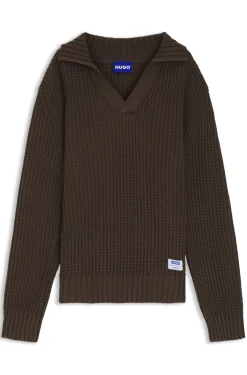 Oversized-fit waffle-structured sweater with Johnny collar