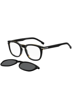 Patterned-acetate optical frames with clip-on shaded lenses