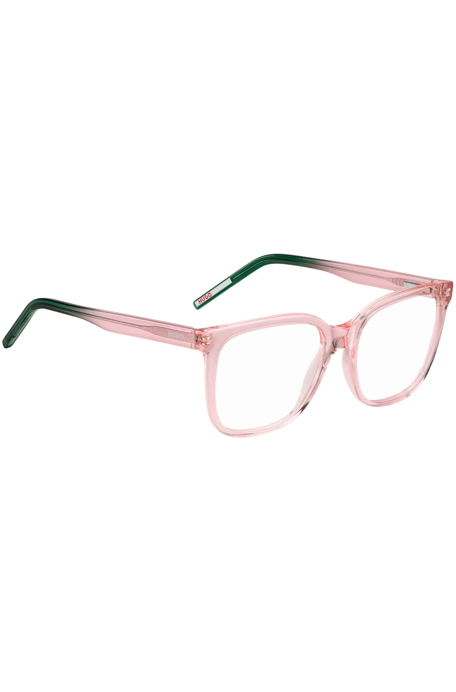 Pink-acetate optical frames with green end-tips