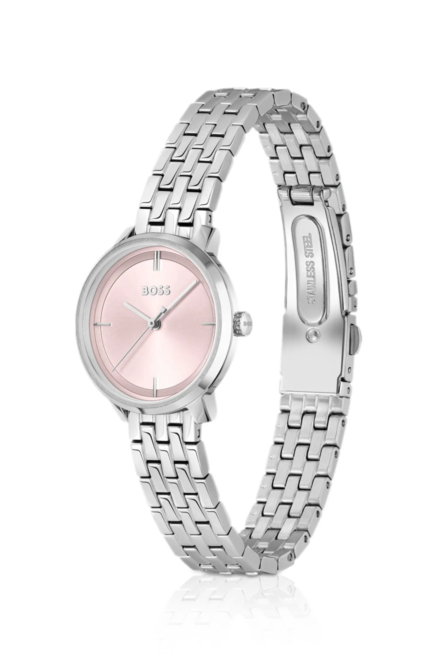 Pink-dial watch with multi-link bracelet