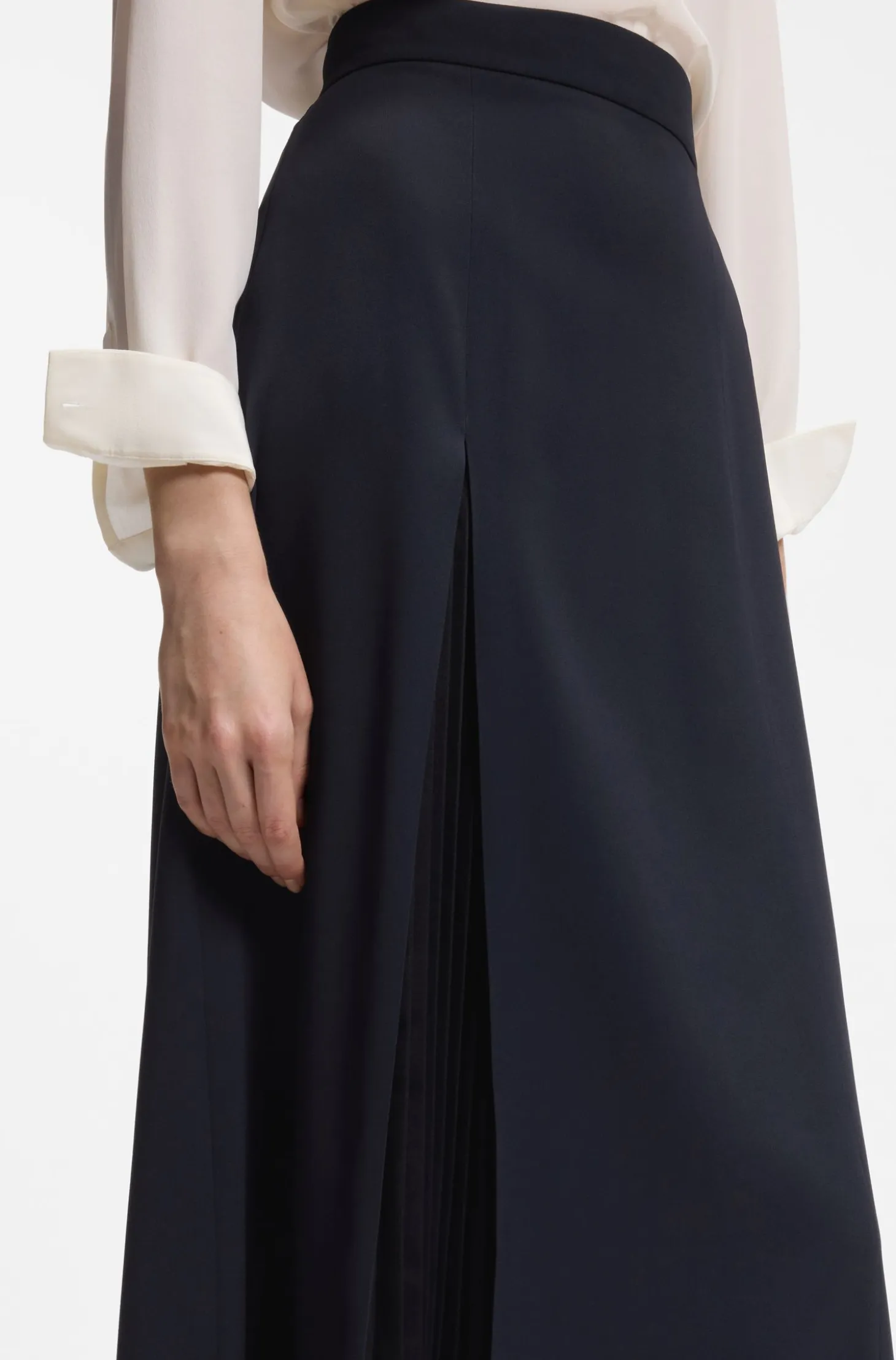Pleat-front A-line midi skirt