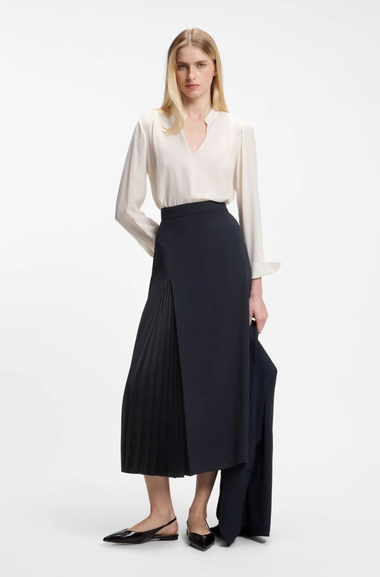 Pleat-front A-line midi skirt