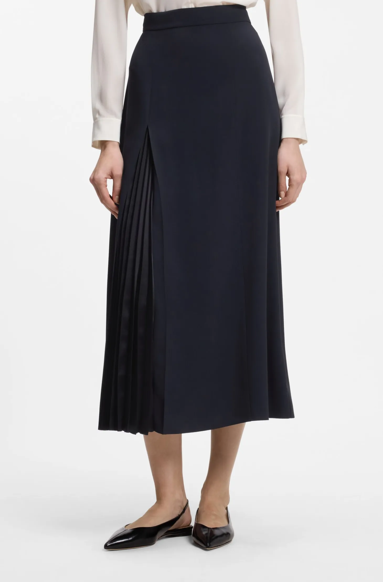 Pleat-front A-line midi skirt