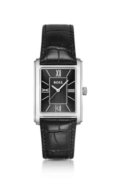 PRINCIPLE DRESS Black-dial watch with alligator-embossed leather strap