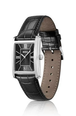 PRINCIPLE DRESS Black-dial watch with alligator-embossed leather strap