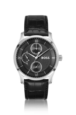 PRINCIPLE MASTER Black-textured-dial watch with leather strap