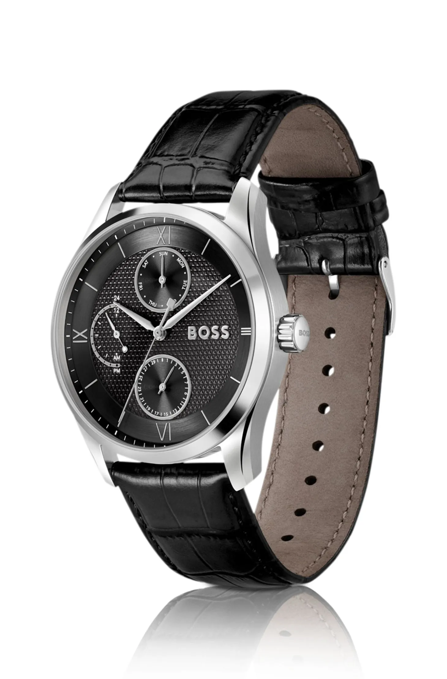 PRINCIPLE MASTER Black-textured-dial watch with leather strap