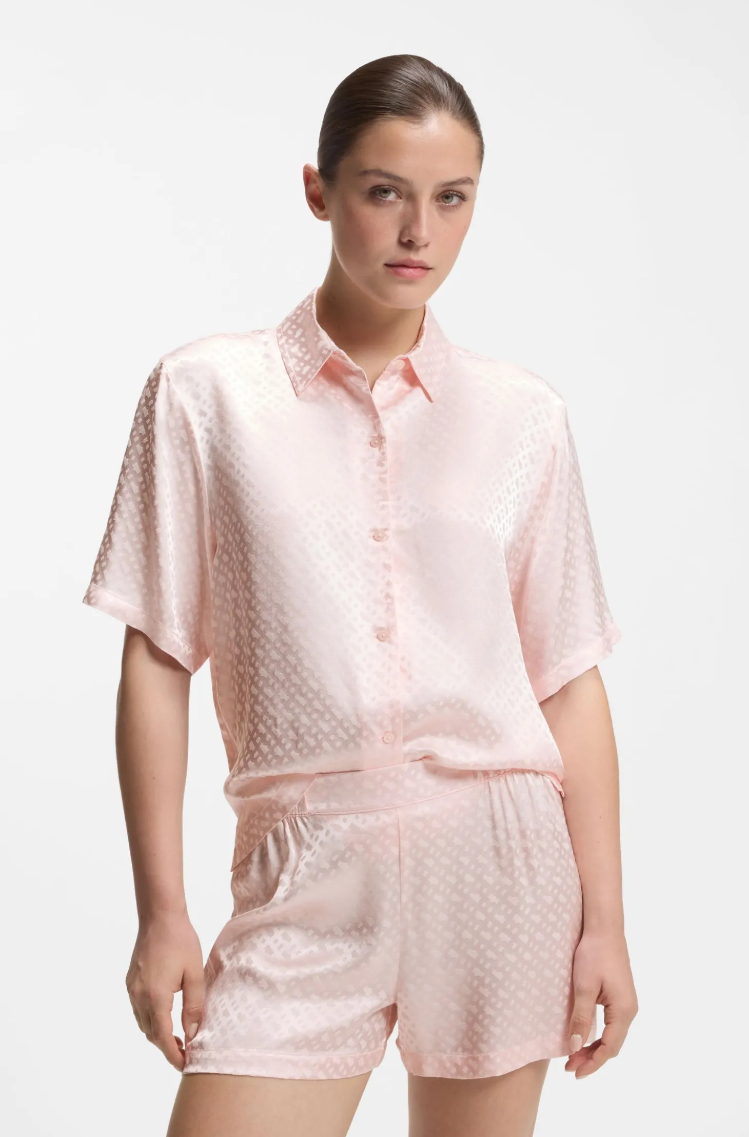 Pyjama shirt in satin with monogram jacquard