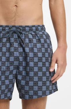 Quick-dry swim shorts with stacked-logo check print