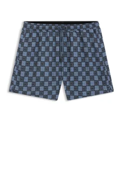 Quick-dry swim shorts with stacked-logo check print