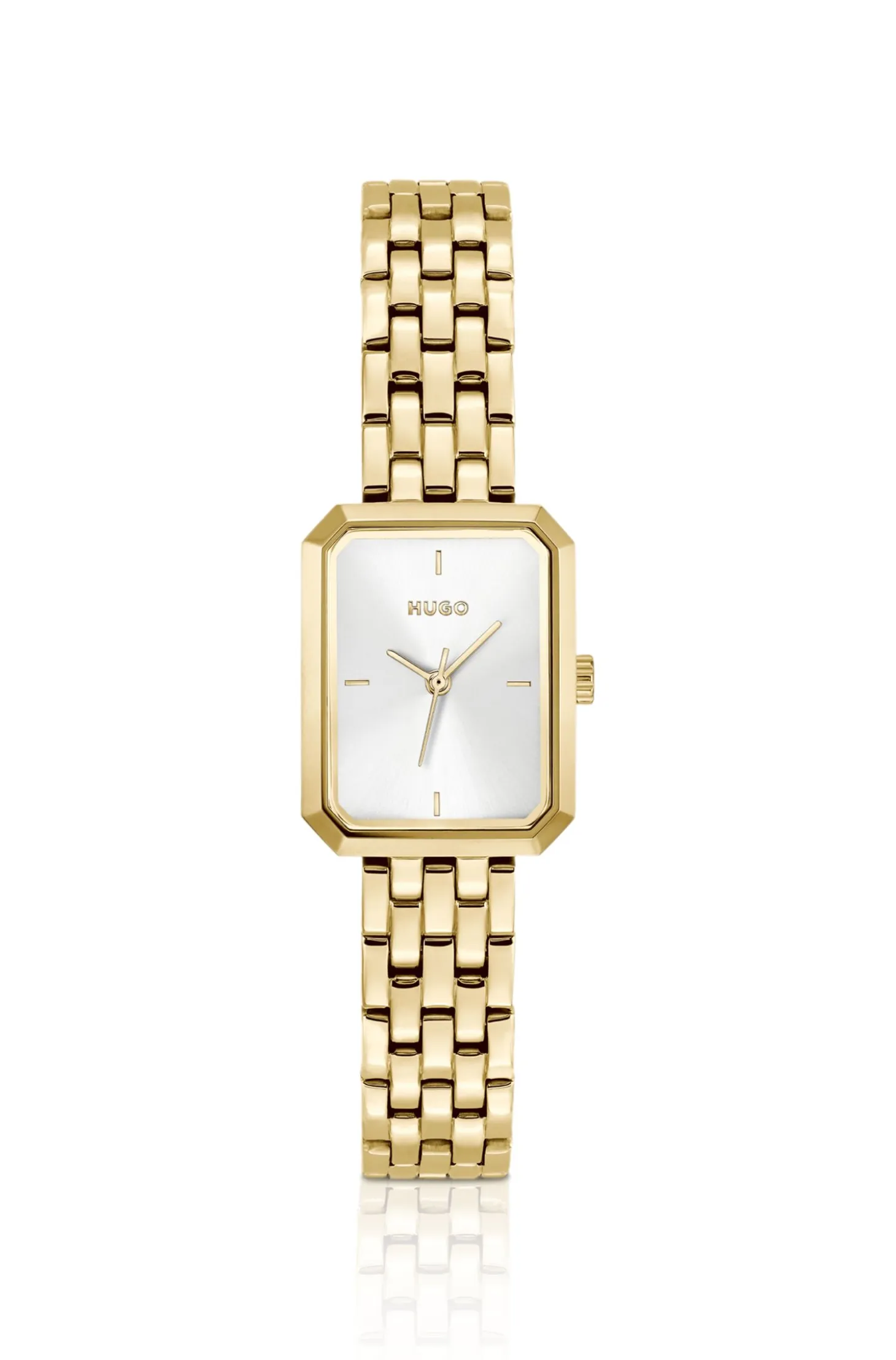 Rectangular gold-tone watch with white dial