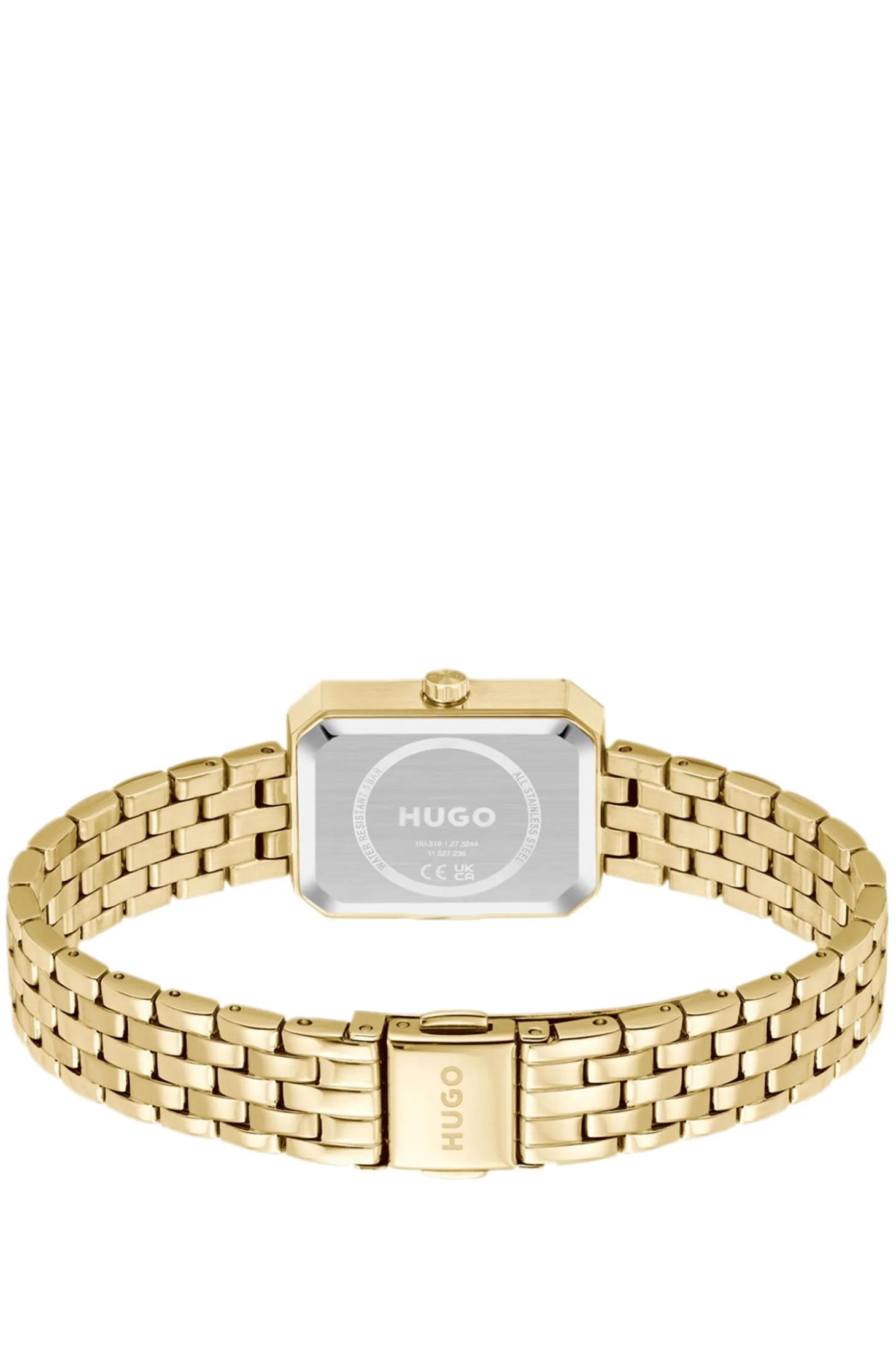 Rectangular gold-tone watch with white dial