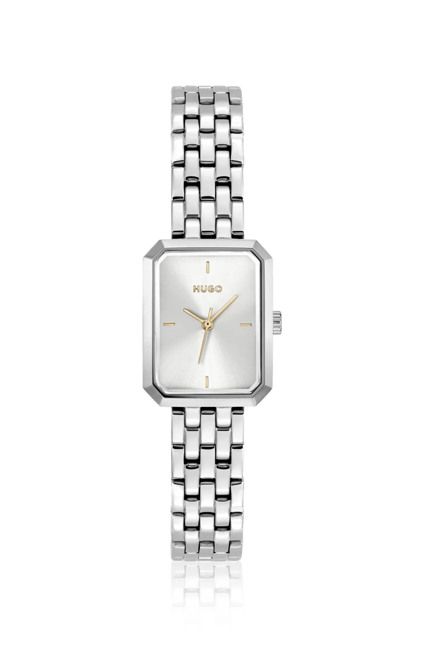 Rectangular stainless-steel watch with silver-white dial