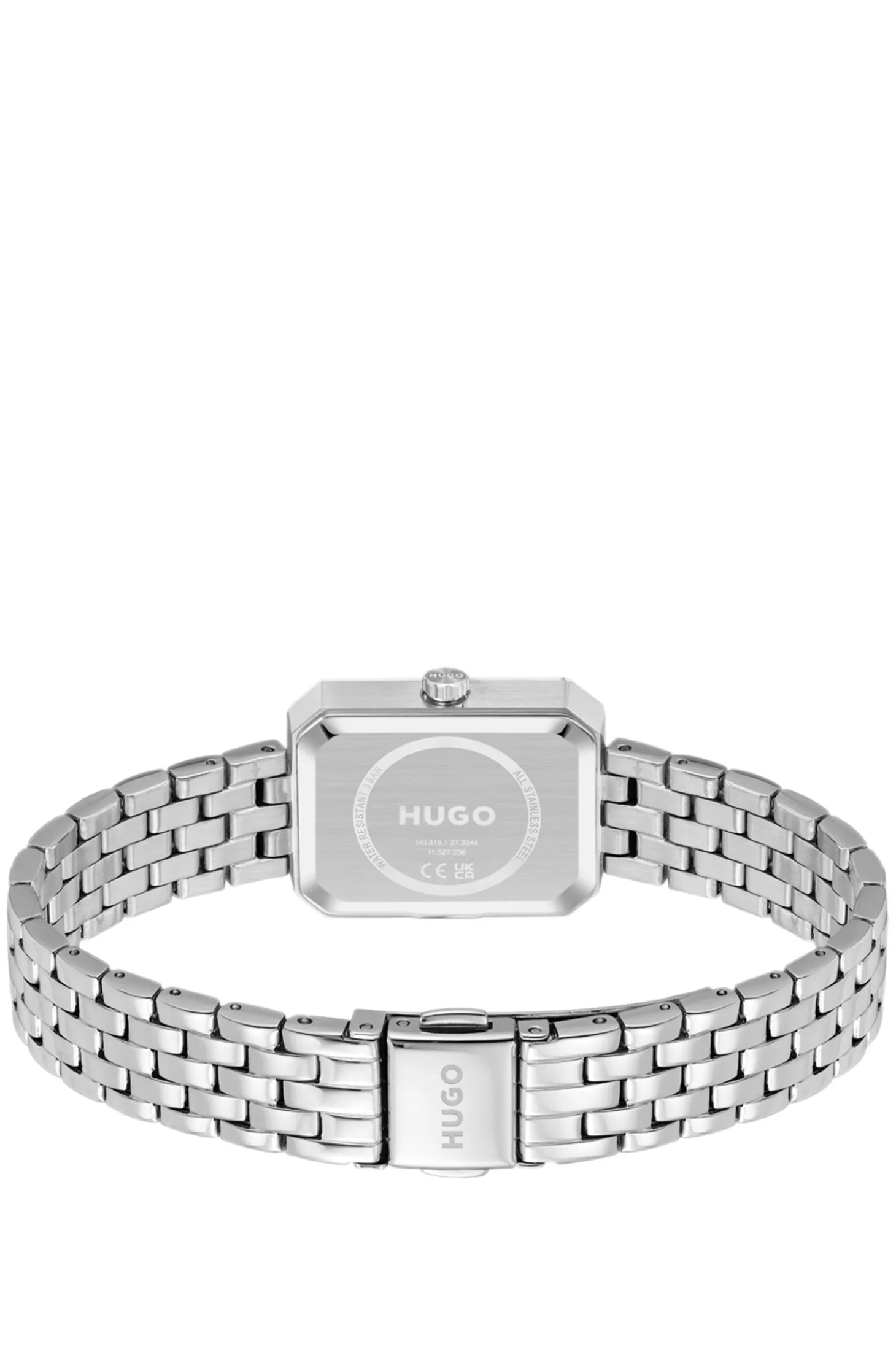 Rectangular stainless-steel watch with silver-white dial