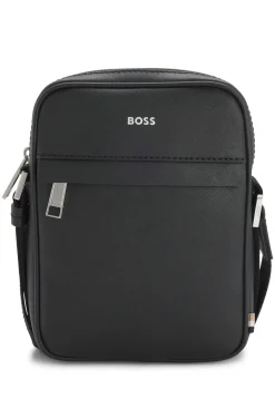 Recycled-leather reporter bag with adjustable logo strap