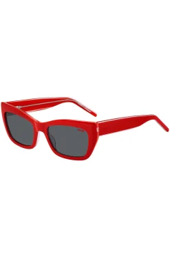 Red-acetate sunglasses with layered temples