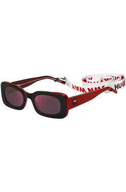 Red-and-black-acetate sunglasses with detachable slogan strap