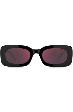 Red-and-black-acetate sunglasses with detachable slogan strap