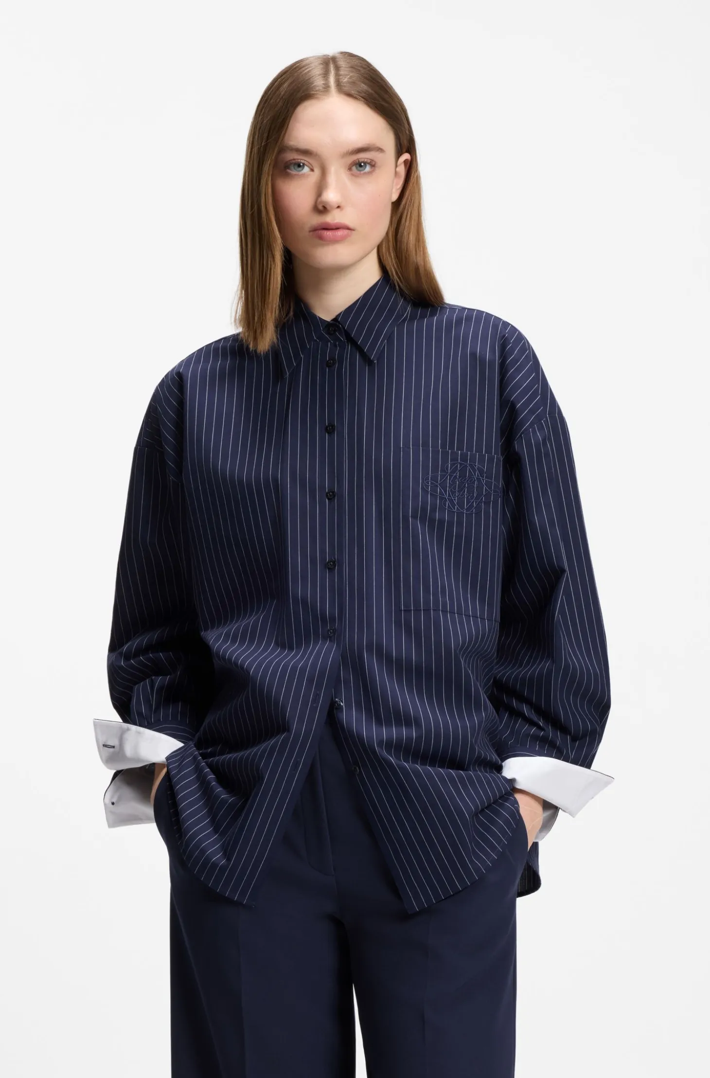 Regular-fit blouse in pinstripe cotton poplin