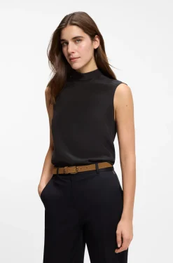 Regular-fit blouse in sandwashed silk with tie neck