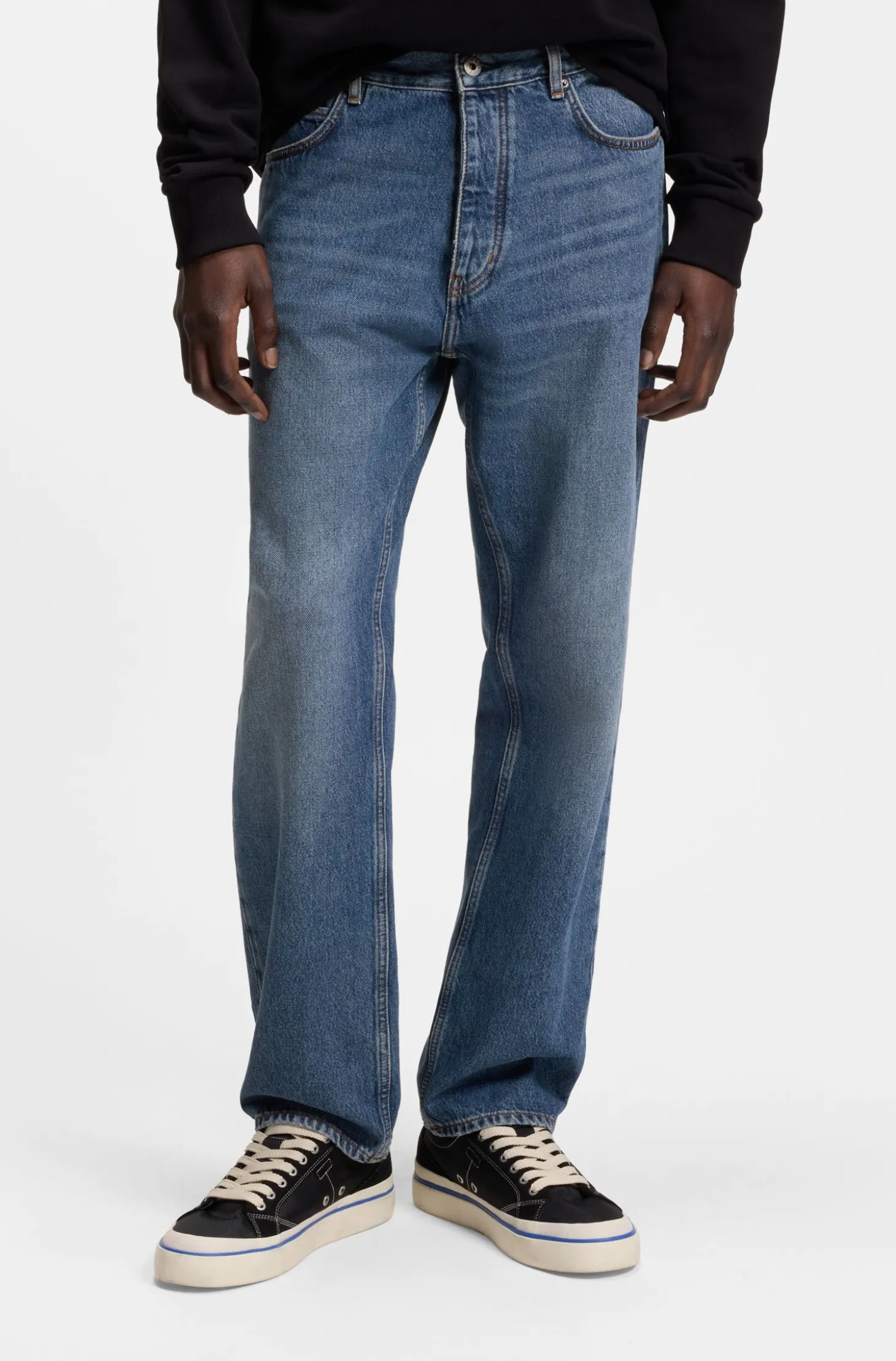 Regular-fit jeans in mid-blue stonewashed cotton denim