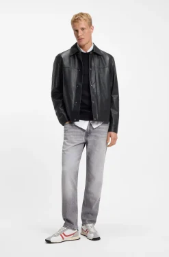 Regular-fit leather shirt with metal logo buttons