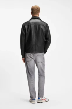 Regular-fit leather shirt with metal logo buttons