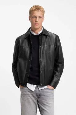 Regular-fit leather shirt with metal logo buttons