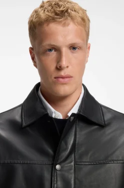 Regular-fit leather shirt with metal logo buttons