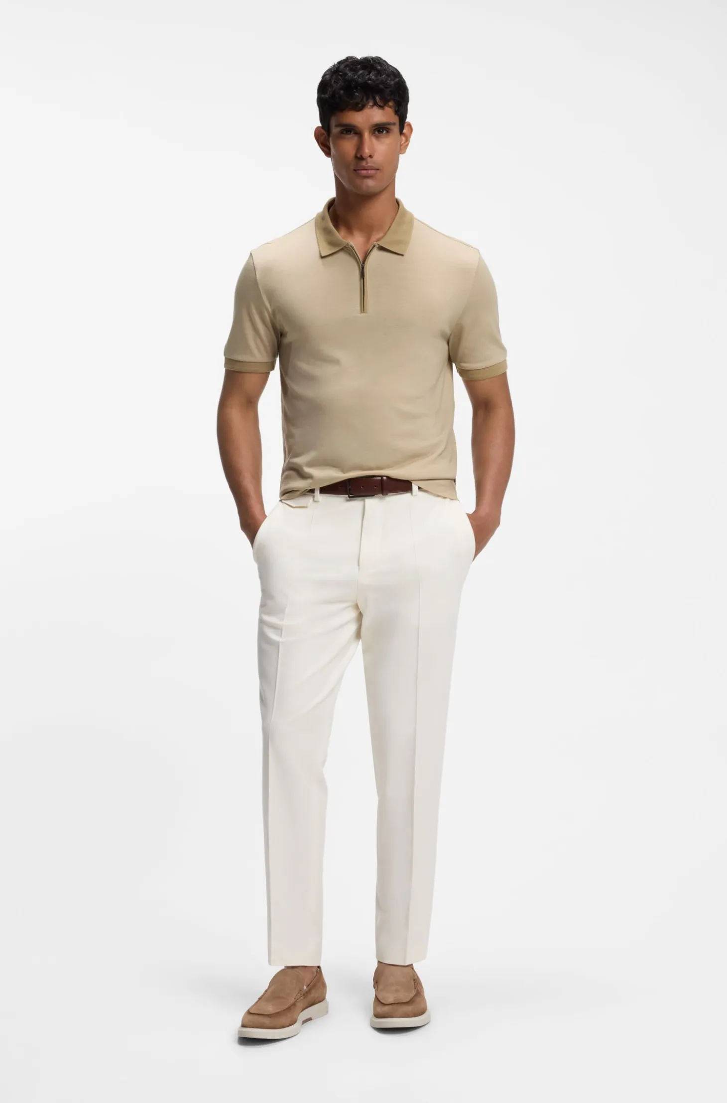 Regular-fit polo shirt in wool with zip placket