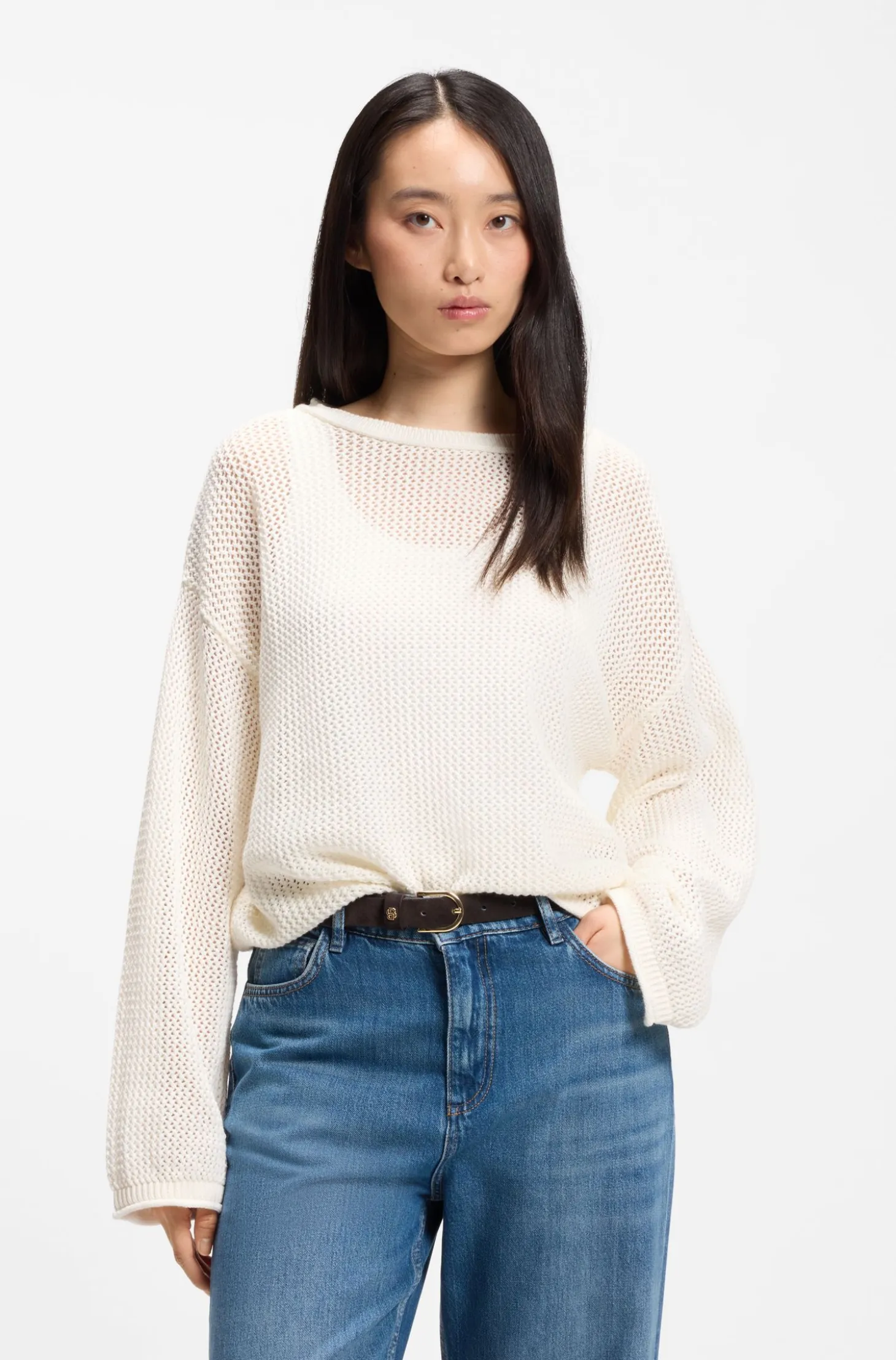 Relaxed-fit cotton sweater with mesh structure