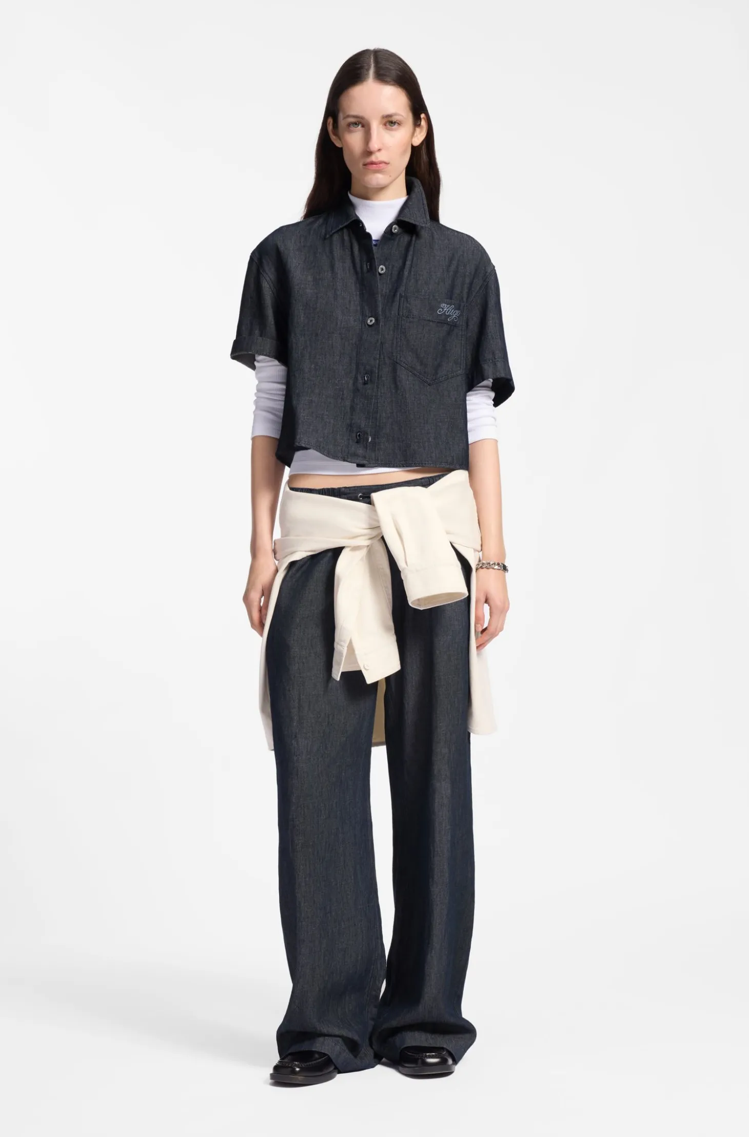 Relaxed-fit cropped blouse in lightweight denim
