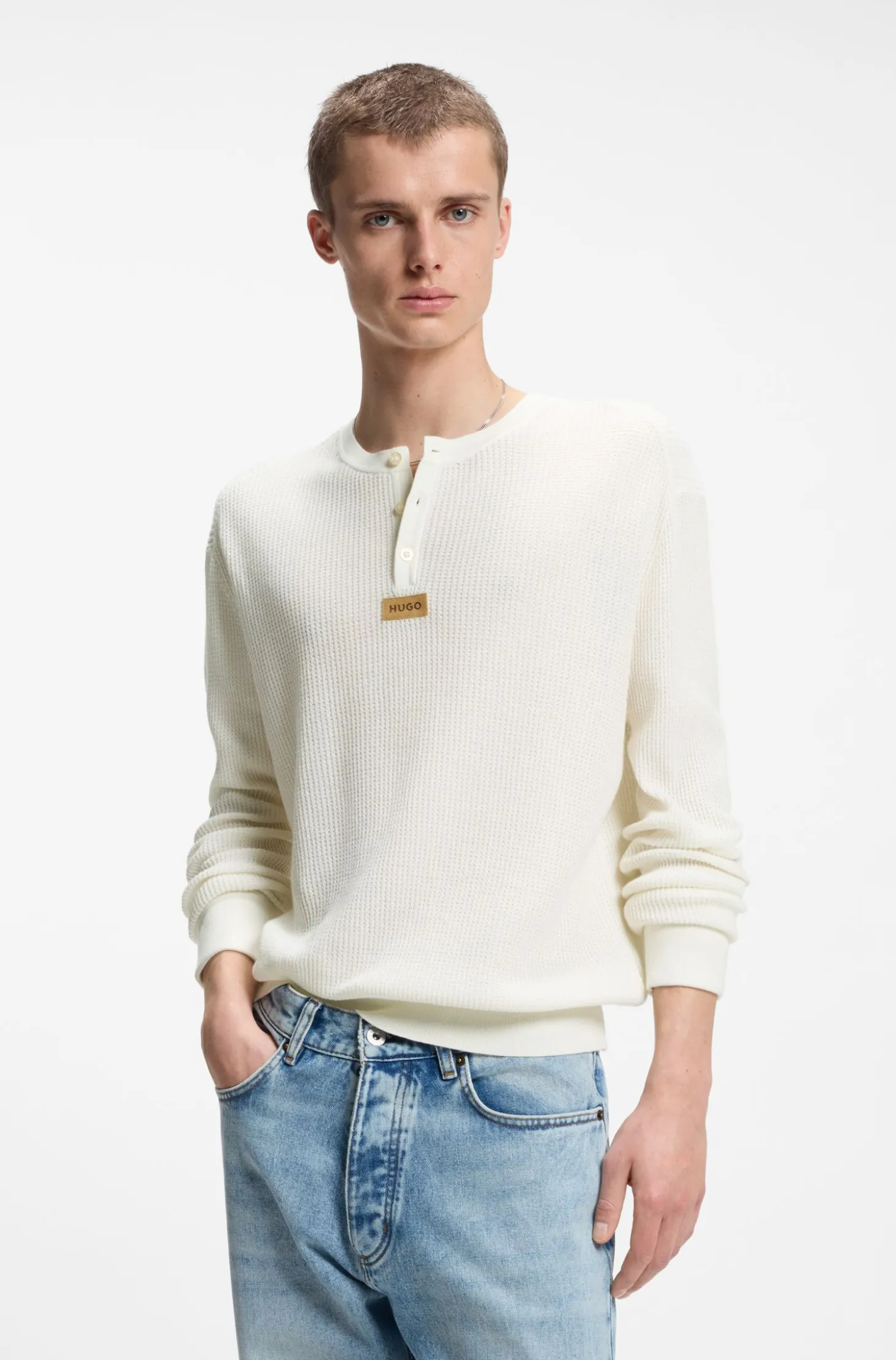 Relaxed-fit Henley sweater in waffle cotton