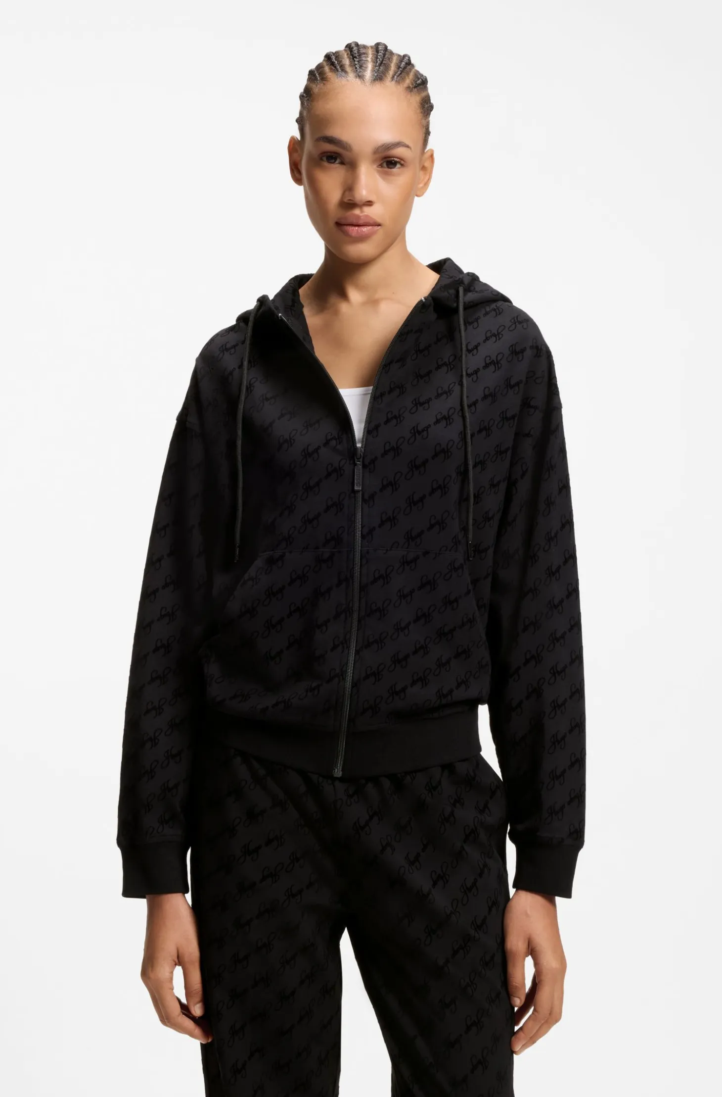 Relaxed-fit hooded jacket with flocked-logo print