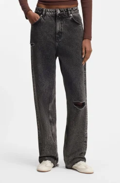 Relaxed-fit jeans in distressed black rigid denim