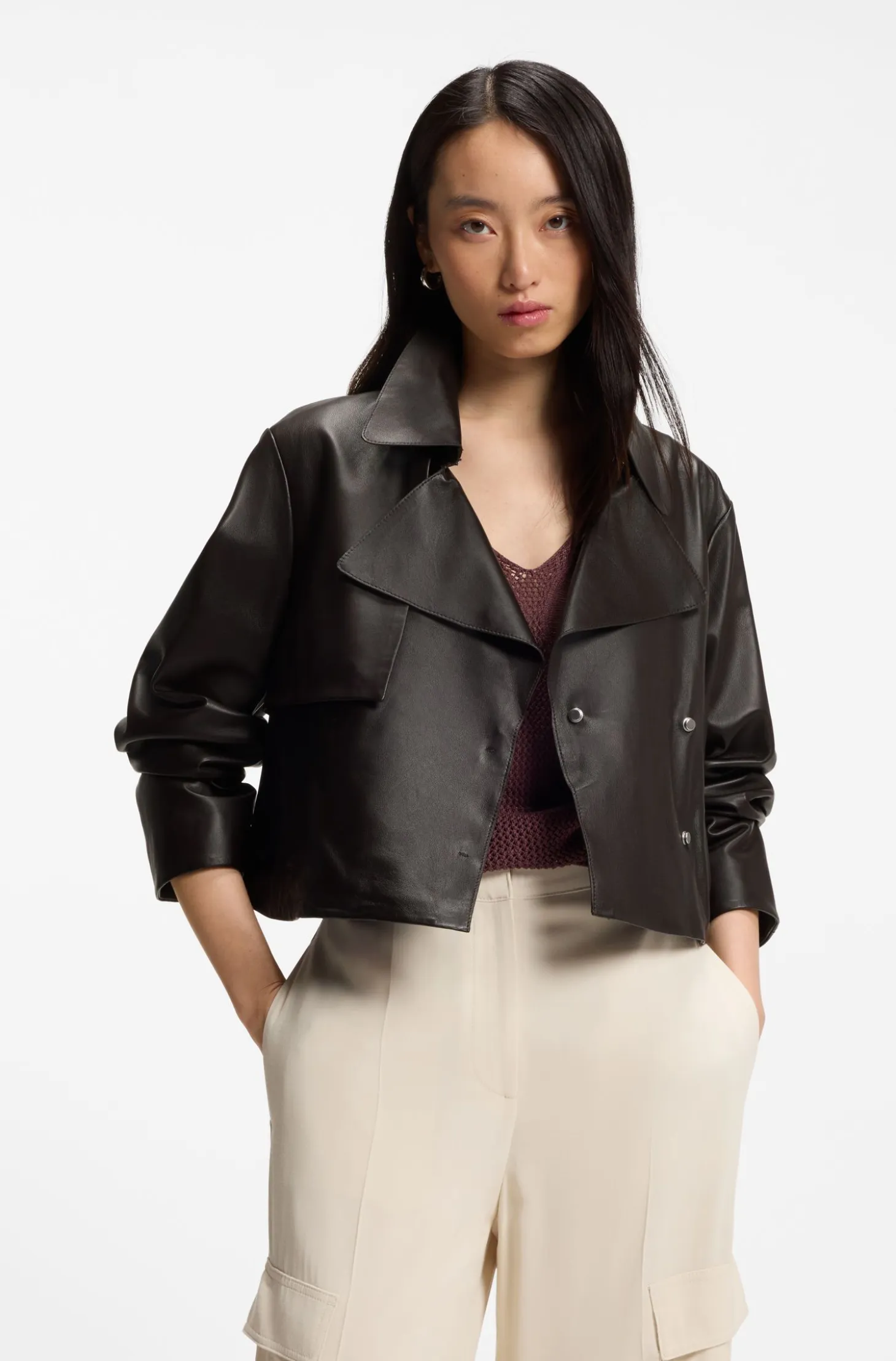 Relaxed-fit leather jacket with trench styling