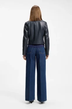 Relaxed slim-fit leather jacket with stand collar