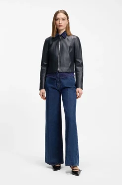 Relaxed slim-fit leather jacket with stand collar