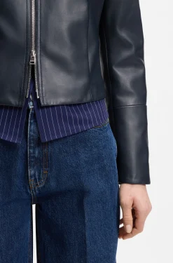 Relaxed slim-fit leather jacket with stand collar